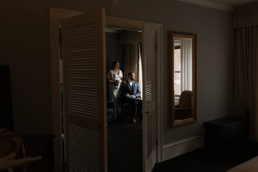 Bride and groom getting ready for their Downtown Seattle Elopement