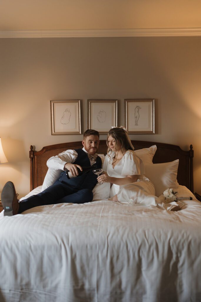 hotel wedding couples photos with champagne