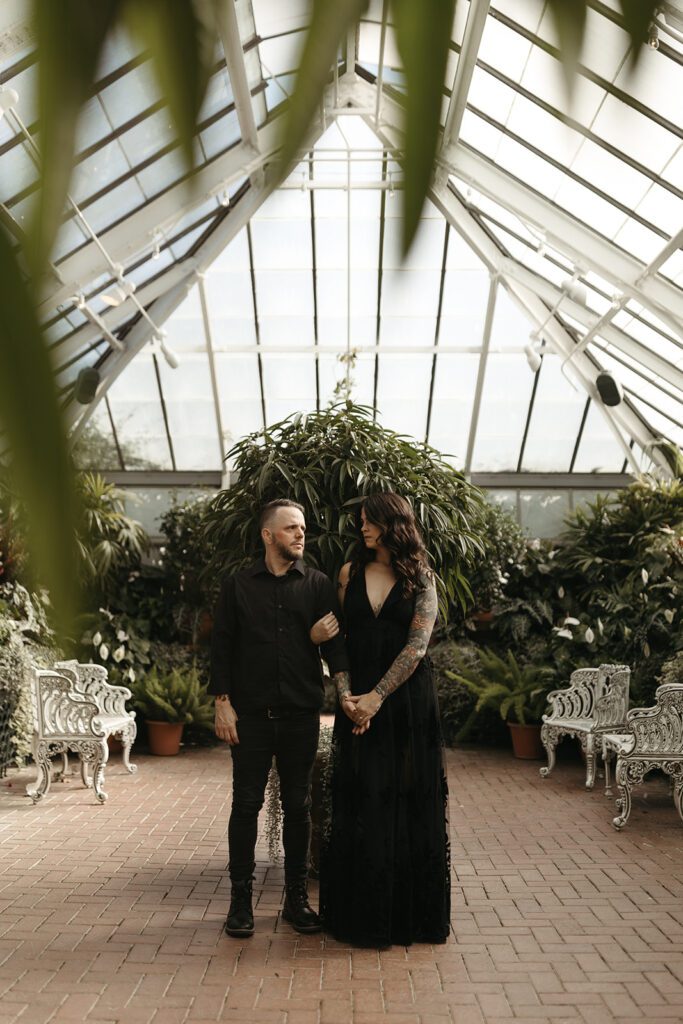 moody-greenhouse-engagement-photos-in-lace-black-gown-at-the-biltmore-estate-conservatory