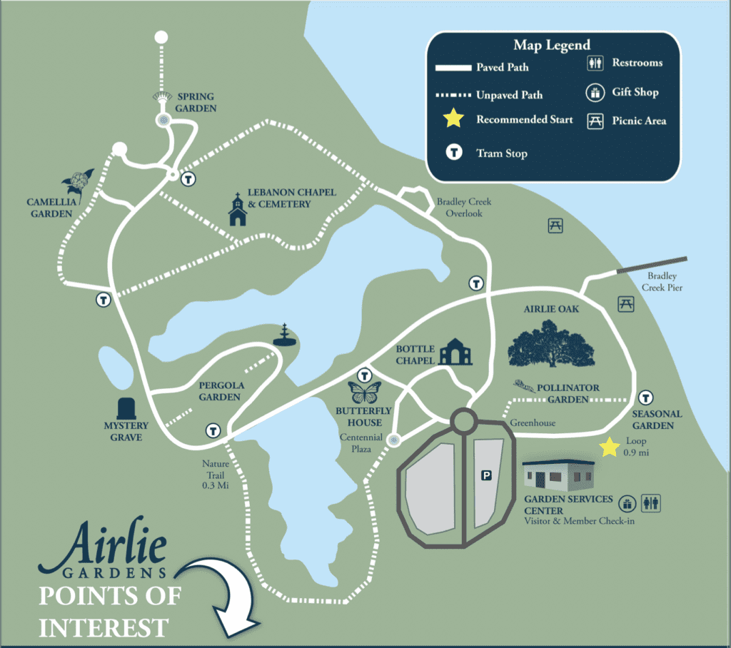 infographic map of the best photo spots at Airlie gardens in Wilmington 