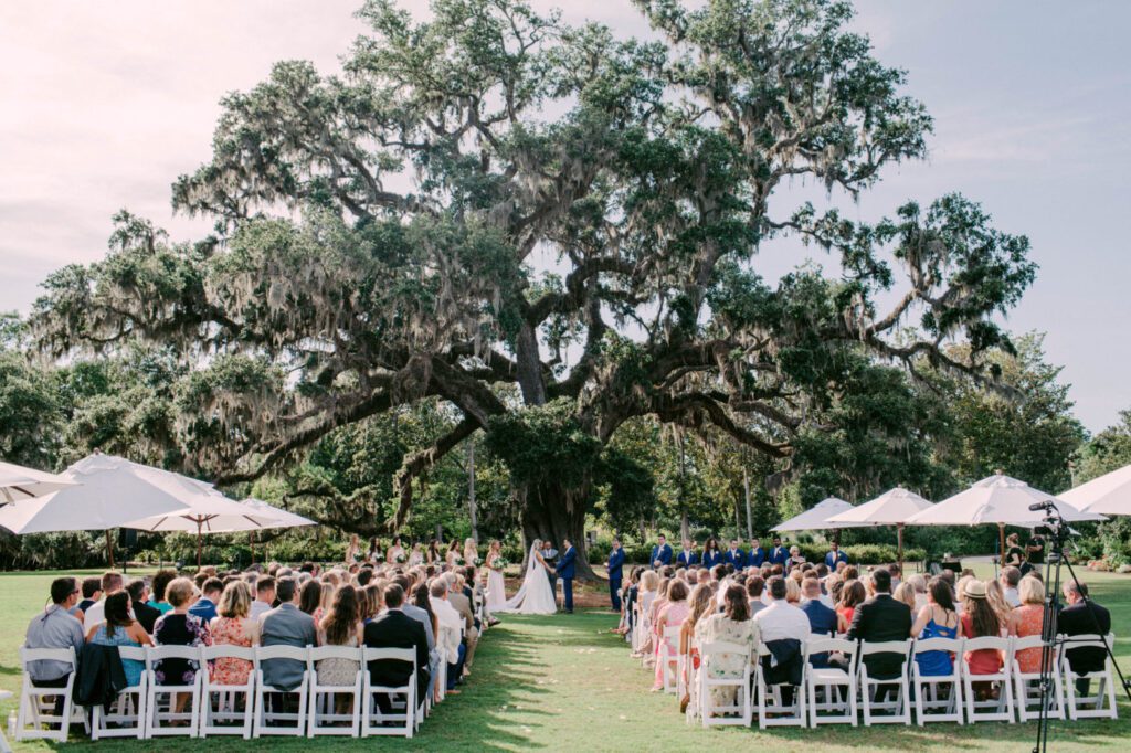 outdoor notebook inspired wedding ceremony under a historic oak tree with Spanish moss at Airlie gardens