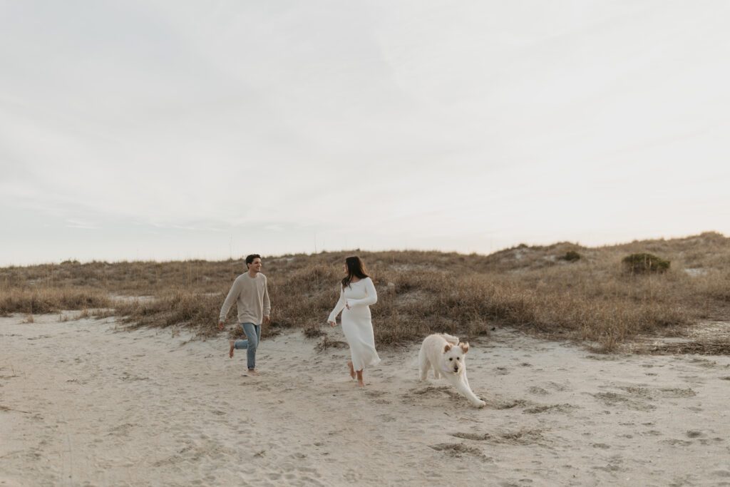 cinematic engagement session with dog at Wrightsville beach