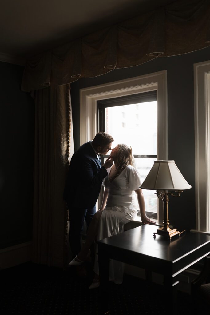 bride and groom portraits in a luxury hotel in sowntown Seattle